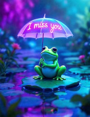 The primary subject of the image is a green frog sitting on a lily pad. The setting is a pond with a purple background, creating a serene and peaceful atmosphere. The visual style is a digital art, with the frog and lily pad being depicted in a detailed and realistic manner. The colors and mood of the image are predominantly purple and green, giving it a calming and soothing vibe.