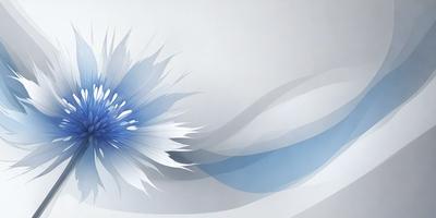 The primary subject of the image is a blue and white flower, which is the main focus of the scene. The setting is a white background, which provides a clean and minimalist appearance. The visual style is a digital art or illustration, as the flower is depicted in a stylized and detailed manner. The dominant colors in the image are blue and white, creating a calm and serene atmosphere.