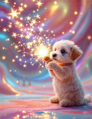 The primary subject of the image is a small, cute puppy. The puppy is holding a sparkler in its mouth, creating a playful and joyful atmosphere. The setting is a colorful background, which adds to the overall visual appeal of the scene. The image is a digital artwork, showcasing the creativity and skill of the artist. The dominant colors in the image are bright and vibrant, reflecting the lively and cheerful mood of the scene.