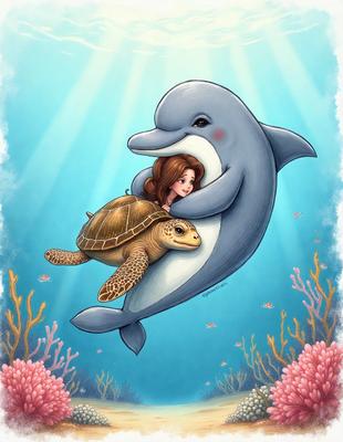 The primary subject of the image is a little girl sitting on a dolphin's back. The setting is underwater, with the girl and the dolphin surrounded by a vibrant and colorful environment. The visual style is a combination of digital art and illustration, creating a whimsical and imaginative scene. The colors and mood are lively and cheerful, with the little girl and the dolphin being the main focus of the image.