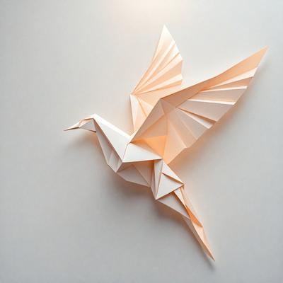 The primary subject of the image is a paper bird, which is a three-dimensional model of a bird. The bird is made of paper and is displayed on a white surface. The setting appears to be a room with a wall, and the visual style is a combination of digital art and illustration. The colors and mood of the image are predominantly white, giving it a clean and minimalist appearance.