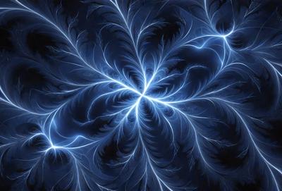 The primary subject of the image is a blue and white light pattern, which appears to be a digital art or illustration. The setting is a dark background, and the visual style is a combination of digital art and lightning patterns. The colors and mood of the image are predominantly blue and white, creating a sense of calmness and tranquility.