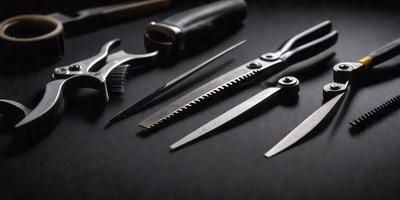 The primary subject of the image is a pair of scissors. The scissors are placed on a black surface, which could be a table or a counter. The setting appears to be a workspace or a crafting area, as there are other tools and items present in the scene. The visual style of the image is a close-up of the scissors, emphasizing their details and prominence in the scene. The colors in the image are predominantly black, giving the scene a professional and organized appearance.