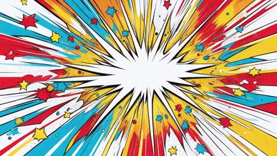 The primary subject of the image is a colorful, comic-like explosion with a star-filled background. The setting is a white surface, possibly a wall or a canvas, where the explosion is painted. The visual style is a combination of digital art and illustration, creating a vibrant and dynamic scene. The colors and mood of the image are predominantly bright and energetic, with the stars adding a sense of movement and excitement to the overall composition.