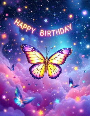 Happy birthday butterfly: [The main object is a butterfly, which is the primary subject of the image. The setting is a colorful, star-filled background, which adds to the overall atmosphere. The visual style is digital art, as the butterfly is depicted in a vibrant and detailed manner. The colors and mood are cheerful and celebratory, as the butterfly is surrounded by a bright and lively environment.]