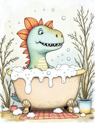 The primary subject of the image is a cartoon dinosaur, specifically a T-Rex, sitting in a bubble bath filled with bubbles. The setting is a bathroom, and the visual style is a cartoon illustration. The colors and mood of the image are light-hearted and fun, with the T-Rex enjoying its time in the bubble bath.