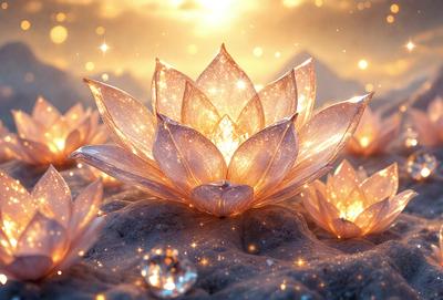 The primary subject of the image is a beautifully lit flower, possibly a lotus, sitting on a rock. The setting is a natural environment with a sunny day, and the visual style is a combination of photo and digital art. The colors and mood of the image are warm and serene, with the flower's glow creating a sense of tranquility and harmony with nature.