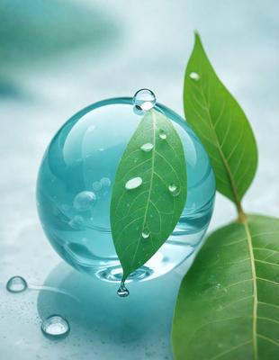 The primary subject of the image is a blue glass ball with water droplets on it, placed on a leaf. The setting is a leafy green background, which adds a natural and serene atmosphere to the scene. The visual style is a close-up of the glass ball and the leaf, showcasing the details of the water droplets and the leaf's texture. The colors and mood of the image are predominantly green, with the blue glass ball and the water droplets adding a touch of coolness and tranquility to the scene.