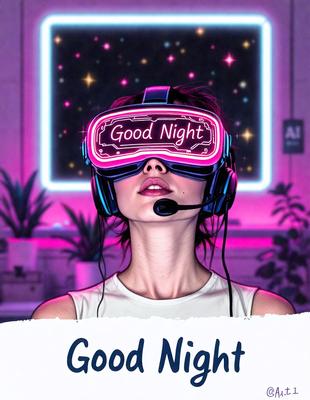 The primary subject of the image is a woman wearing a virtual reality headset, which is a gaming headset. She is wearing a white shirt and appears to be enjoying her gaming experience. The setting is a room with a potted plant in the background. The visual style is digital art, and the colors and mood are bright and lively.