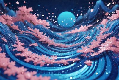 The primary subject of the image is a blue ocean with a wave. The setting is a nighttime scene with a blue moon in the background. The visual style is a digital art or illustration, creating a surreal and dreamy atmosphere. The dominant colors are blue and pink, with the blue ocean and the pink flowers, creating a serene and calming mood.