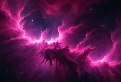 The primary subject of the image is a pink nebula, which is a cloud of gas and dust in space. The setting is a dark, starry sky, with the nebula being the main focus of the image. The visual style is a combination of a photo and digital art, creating a unique and captivating representation of the nebula. The colors and mood of the image are predominantly pink, giving it a warm and inviting atmosphere.