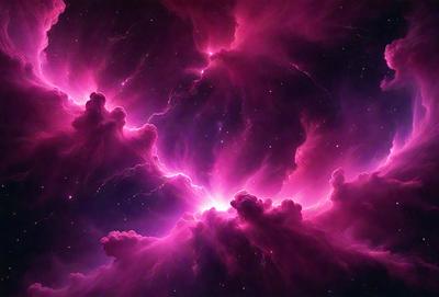 The primary subject of the image is a pink nebula, which is a cloud of gas and dust in space. The setting is a dark, starry sky, with the nebula being the main focus of the image. The visual style is a combination of a photo and digital art, creating a unique and captivating representation of the nebula. The colors and mood of the image are predominantly pink, giving it a warm and serene atmosphere.