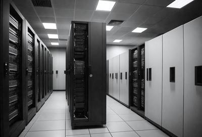 The primary subject of the image is a large room filled with rows of computer servers. The setting is a data center, and the visual style is a black and white photo. The dominant colors are black and white, and the overall atmosphere is one of organization and technology.