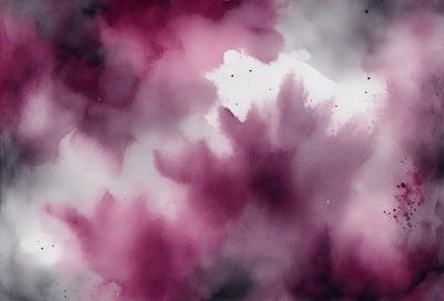 The primary subject of the image is a purple flower with a pink background. The setting is a cloudy sky, and the visual style is a painting or drawing. The dominant colors are purple and pink, creating a mood of tranquility and beauty.