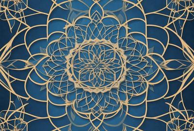 The primary subject of the image is a large, intricate wooden design or pattern, which appears to be a part of a larger artwork or decoration. The setting is a blue background, which complements the wooden design. The visual style of the image is a combination of digital art and illustration, as the wooden design is created using a digital medium. The colors and mood of the image are predominantly blue, which adds a sense of calmness and tranquility to the overall atmosphere.