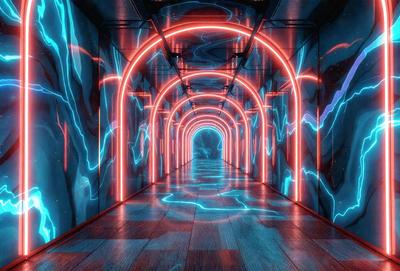 The primary subject of the image is a long, narrow, and brightly lit tunnel with a blue and red color scheme. The tunnel appears to be a part of a futuristic city, and the lighting creates a vibrant and dynamic atmosphere. The setting is a futuristic urban environment, and the visual style is a combination of digital art and illustration. The dominant colors are blue and red, which create a sense of energy and excitement.