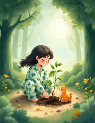 The primary subject of the image is a young girl sitting in the dirt, planting a tree. The setting is a forest, with trees and a moon visible in the background. The visual style is an illustration or a drawing, with a focus on the girl and the tree she is planting. The colors are predominantly earthy tones, such as green, brown, and yellow, creating a calm and natural atmosphere.