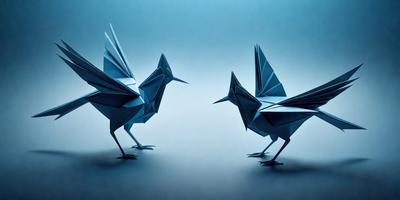The primary subject of the image is a pair of paper birds, each with a different design. They are standing next to each other on a blue surface, which could be a table or a wall. The visual style of the image is a combination of photo and digital art, as it appears to be a close-up of the paper birds. The colors and mood of the image are predominantly blue, creating a calm and serene atmosphere.