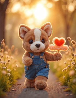 The primary subject of the image is a brown teddy bear wearing a blue overalls and holding a heart-shaped stick. The setting is a field with flowers, and the visual style is a photo. The colors are predominantly brown and white, giving the image a warm and cozy atmosphere.