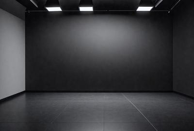 The primary subject of the image is a large, empty room with a black wall. The setting is a dark room with a black wall, and the visual style is a black and white photo. The colors and mood of the image are predominantly dark and moody, creating a sense of emptiness and solitude.