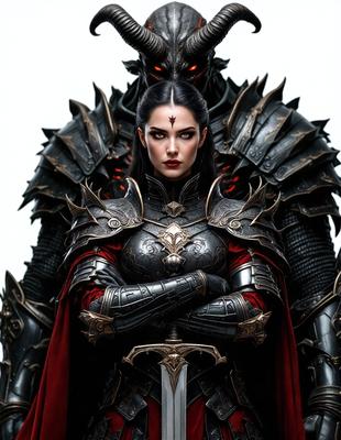 The primary subject of the image is a woman dressed in medieval armor, standing in front of a demonic figure. The setting appears to be a fantasy or mythical world, as the woman is wearing a costume and the demonic figure is a part of the scene. The visual style of the image is a combination of photo and digital art, creating a unique and intriguing atmosphere. The colors in the image are predominantly dark, with the woman's armor and the demonic figure being the main focus. The overall mood of the image is intense and dramatic, as the woman and demonic figure seem to be engaged in a battle or confrontation.