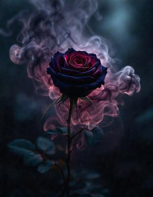 The primary subject of the image is a single, beautifully colored rose. The rose is situated in a dark, foggy environment, which adds a sense of mystery and intrigue to the scene. The visual style of the image is a combination of photo and digital art, creating a unique and captivating representation of the rose. The dominant colors in the image are the deep red of the rose and the dark, moody tones of the foggy background, which together evoke a sense of romance and enchantment.