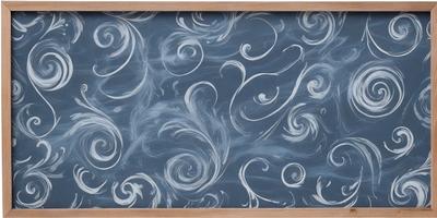 The primary subject of the image is a chalkboard with a blue and white swirl pattern. The setting is a room with a wooden frame surrounding the chalkboard. The visual style is a combination of digital art and illustration, creating a unique and artistic appearance. The dominant colors are blue and white, giving the scene a calming and soothing atmosphere.