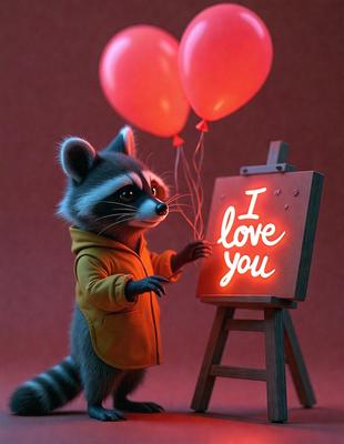 The primary subject of the image is a cartoon raccoon holding a balloon and standing in front of a painting. The setting is a painting studio, and the visual style is digital art. The dominant colors are red and orange, creating a warm and lively atmosphere.