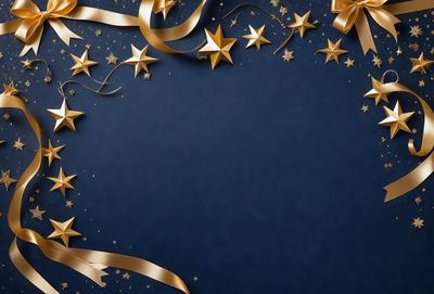 The primary subject of the image is a blue background with gold stars and a gold ribbon. The setting is a dark blue background, and the visual style is a combination of digital art and illustration. The colors and mood of the image are dark and moody, with the gold stars and ribbon adding a touch of elegance and sophistication.