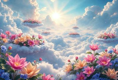 Primary subject: Flower-filled clouds

Setting/background: A beautiful, colorful, and cloudy sky

Visual style: Digital art

Colors and mood: The image is vibrant and lively, with a cheerful and uplifting atmosphere.