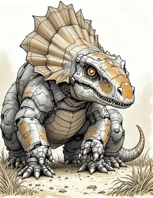 The primary subject of the image is a large, robotic lizard with a spiky head and a metallic appearance. It is sitting on a grassy surface, which serves as the setting for the scene. The visual style of the image is a combination of digital art and illustration, creating a unique and intriguing appearance. The dominant colors in the image are metallic shades, such as silver and gold, which contribute to the robotic and futuristic atmosphere.