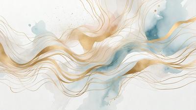 The primary subject of the image is a painting of a woman's hair, which is depicted in a watercolor style. The setting is a white background, and the visual style is a watercolor painting. The colors and mood of the painting are predominantly gold and blue, creating a sense of elegance and tranquility.