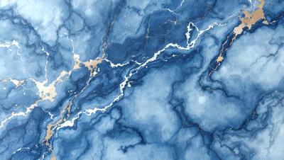 The primary subject of the image is a blue and gold painting of a river. The setting is a blue and white marbled surface, which serves as the background. The visual style is a painting, and the colors and mood convey a sense of tranquility and beauty.