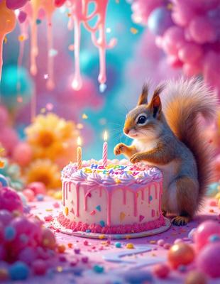 The primary subject of the image is a small, cute squirrel standing next to a birthday cake. The cake has candles on it, and the squirrel appears to be reaching for the cake, possibly to blow out the candles. The scene is set in a colorful and vibrant environment, with a mix of pink, yellow, and blue colors. The visual style of the image is a combination of photo and digital art, creating a whimsical and playful atmosphere.