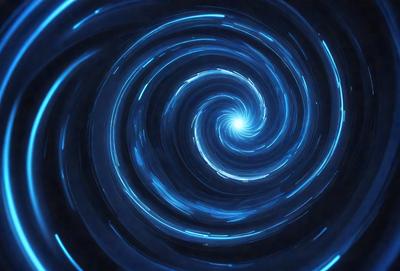 The primary subject of the image is a spiral pattern, which is a blue and white swirl. The setting is a dark background, and the visual style appears to be a digital art or illustration. The dominant colors in the image are blue and white, creating a sense of depth and movement.