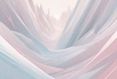 The primary subject of the image is a mountain range with a pink and blue color scheme. The setting is a mountainous landscape, and the visual style is a digital art or illustration. The dominant colors are pink and blue, creating a serene and calming atmosphere.
