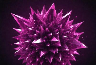 The primary subject of the image is a large, purple, three-dimensional crystal structure. The setting is a dark background, which contrasts with the vibrant purple color of the crystal. The visual style is a combination of digital art and illustration, creating a unique and intricate design. The colors and mood of the image are predominantly purple, giving it a striking and elegant appearance.