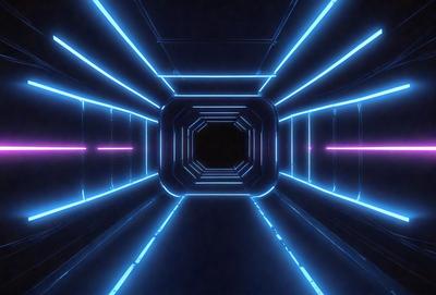 The primary subject of the image is a tunnel with a blue light illuminating it. The setting is a dark room, and the visual style appears to be a digital art or illustration. The dominant colors are blue and purple, creating a futuristic and mysterious atmosphere.