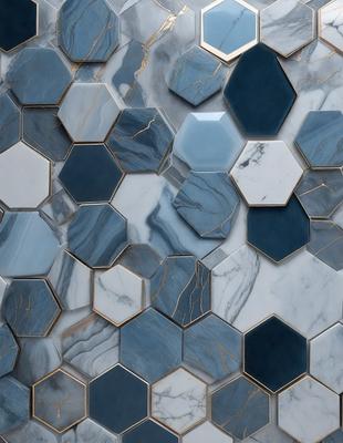 The primary subject of the image is a blue and white marble tile wall. The setting is a bathroom, with the tiles covering the entire wall. The visual style is a close-up of the tiles, showcasing their intricate design. The dominant colors are blue and white, creating a clean and elegant atmosphere.
