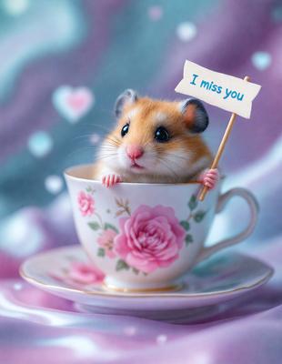 The primary subject of the image is a small hamster sitting inside a cup. The cup is decorated with a pink rose pattern. The setting is indoors, with the cup placed on a table. The visual style is a combination of photo and digital art, creating a whimsical and playful scene. The colors are predominantly pink and white, giving the image a warm and inviting atmosphere.