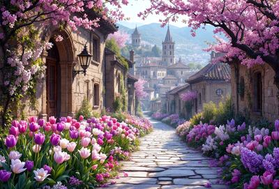 Primary subject: A narrow alleyway lined with pink flowers and purple tulips.

Setting/background: The alleyway is located in a small village, surrounded by buildings and mountains in the distance.

Visual style: The image is a digital art illustration, featuring a detailed and vibrant scene.

Colors and mood: The dominant colors are pink and purple, creating a warm and inviting atmosphere.