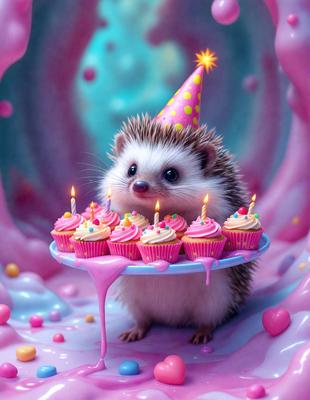 The primary subject of the image is a small hedgehog with a birthday cake on its back. The hedgehog is wearing a party hat, and the cake is adorned with candles. The setting is a pink and purple environment, which adds to the festive atmosphere. The visual style is a digital art illustration, creating a whimsical and playful scene. The colors and mood are predominantly pink and purple, giving the image a cheerful and celebratory vibe.