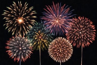 The primary subject of the image is a group of colorful fireworks, with various shapes and sizes, exploding in the night sky. The setting is a dark night, with the fireworks being the main focus of the scene. The visual style is a combination of photo and digital art, creating a vibrant and lively atmosphere. The colors and mood are predominantly bright and energetic, with the fireworks providing a sense of excitement and celebration.