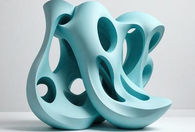 The primary subject of the image is a large blue sculpture, which appears to be a modern art piece. The sculpture is made of a material that resembles a blue foam or a blue plastic. The setting is a white background, which provides a clean and minimalist environment for the sculpture. The visual style of the image is a close-up, focusing on the intricate details of the sculpture. The colors and mood of the image are predominantly blue, giving the sculpture a calm and serene atmosphere.