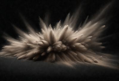 The primary subject of the image is a large, dusty explosion, which appears to be a black and white photo. The setting is a dark background, and the visual style is a close-up of the explosion. The colors and mood of the image are dramatic and intense, with the dusty explosion being the main focus of the scene.