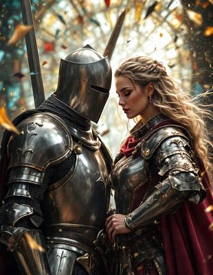 The primary subject of the image is a man and a woman dressed in medieval armor, standing close to each other. The setting is a forest, with trees visible in the background. The visual style is a digital art illustration, creating a fantasy and romantic atmosphere. The colors are predominantly metallic, such as gold and silver, which contribute to the medieval theme and the overall mood of the scene.