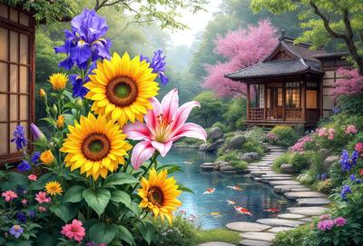 Primary subject: A beautiful garden with a variety of flowers, including sunflowers, lilies, and pink flowers.

Setting/background: The garden is situated next to a pond, creating a serene and picturesque environment.

Visual style: The image is a digital art illustration, showcasing the vibrant colors and intricate details of the flowers and the garden.

Colors and mood: The garden is filled with a variety of vibrant colors, including pink, yellow, and purple, creating a lively and cheerful atmosphere.