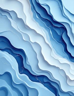 The primary subject of the image is a blue and white patterned surface, which appears to be a piece of art or a design. The setting is a blue and white background, which complements the artwork. The visual style is a combination of digital art and illustration, creating a unique and eye-catching design. The colors and mood of the image are predominantly blue and white, giving it a clean and modern appearance.