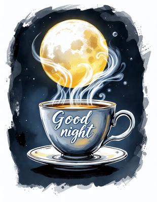 The primary subject of the image is a cup of coffee, which is placed on a saucer and a plate. The setting is a nighttime scene, with a moon visible in the background. The visual style is a watercolor painting, giving the image a warm and cozy atmosphere. The dominant colors are shades of blue, black, and white, which contribute to the nighttime ambiance.