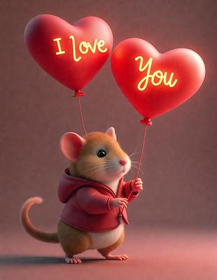 The primary subject of the image is a small, cute cartoon mouse holding two red balloons. The mouse is wearing a red jacket, and the balloons are shaped like hearts. The setting is a pink background, which adds to the overall warm and cozy atmosphere of the scene. The visual style is a combination of digital art and illustration, creating a whimsical and charming image.